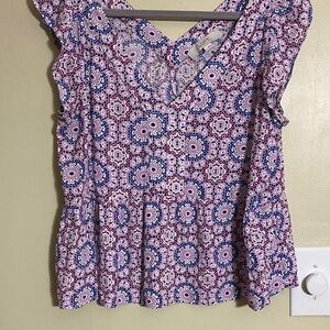 LOFT Floral V-Neck Blouse - Pink and Blue